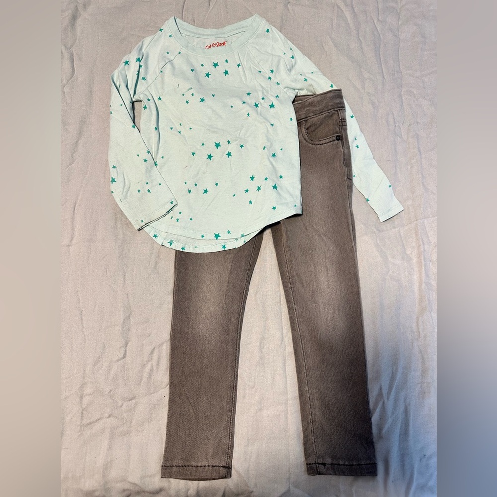 Cat & Jack Kids Star Print Long Sleeve Shirt and Gray Skinny Jeans Bundle